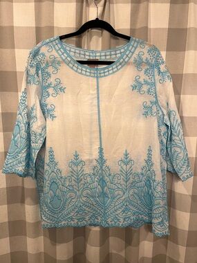 Chico's White Tunic with Aqua Blue Embroidery